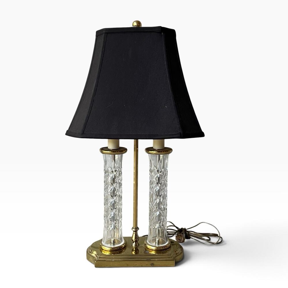 Waterford Two Column Crystal & Brass Bouillotte Lamp w/Black Shade 26” Signed
